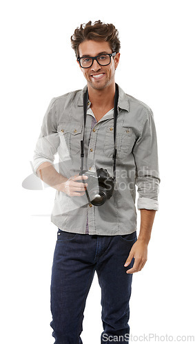 Image of Photographer man, camera and portrait in studio with smile for journalist job by white background. Reporter person, newspaper employee and happy for media, paparazzi or check picture for news story