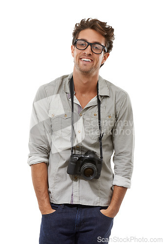 Image of Portrait, man and photographer with camera on neck in studio isolated on a white background. Happy person in glasses, creative paparazzi and fashion of confident model with hands in pocket in Spain