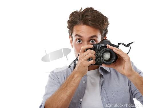 Image of Photographer man, camera and click in studio with portrait, shooting or mockup space by white background. Reporter person, newspaper employee or journalist in media, paparazzi or photoshoot for story