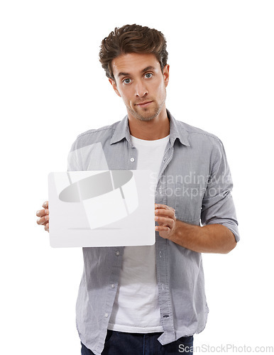 Image of Portrait, sign and man on poster, advertising and mockup space isolated on a white studio background. Serious face, paper and show banner for promotion, info or commercial, marketing or presentation