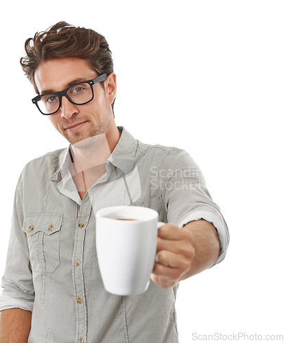 Image of Man, portrait and coffee drink in studio for caffeine beverage, company morning for motivation, espresso or white background. Male person, model and face with mug as latte, cappuccino or mockup space
