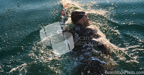 Image of Triathlon athlete swimming on lake in sunrise wearing wetsuit