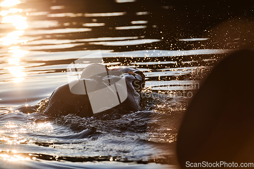 Image of Triathlon athlete swimming on lake in sunrise wearing wetsuit