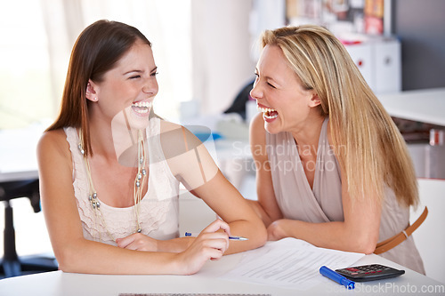 Image of Paperwork, laughing or women at meeting for happiness or smile on break to relax together for funny joke. Employees, documents or excited colleagues in office for audit, conversation or communication