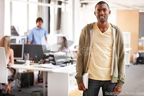 Image of Happy, entrepreneur and portrait of business black man in startup agency for creative, manager and designer. Professional, consultant and advisor with face of employee in coworking office for career