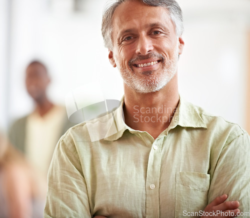 Image of Smile, director and portrait of business man in startup agency for creative, manager and designer. Professional, consultant and advisor with face of mature employee in office for entrepreneur career