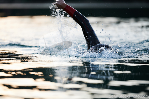 Image of Triathlon athlete swimming on lake in sunrise wearing wetsuit