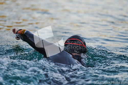 Image of Triathlon athlete swimming on lake in sunrise wearing wetsuit