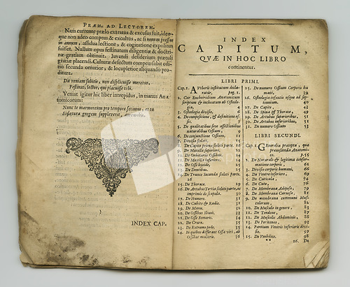 Image of Antique medical book, paper and literature of medicine information, historical research archive or content reference page. Latin language, health science textbook and healthcare article notes