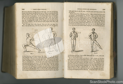 Image of Old book, vintage and history of fitness guide, antique manuscript or ancient scripture in literature on exercises against a studio background. Closeup of historical novel, journal or classic workout