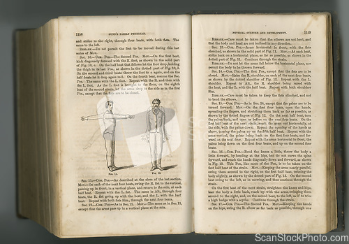 Image of Old book, vintage pages and history guide, antique manuscript or ancient scripture in literature of the body against a studio background. Closeup of historical novel, journal or physical culture