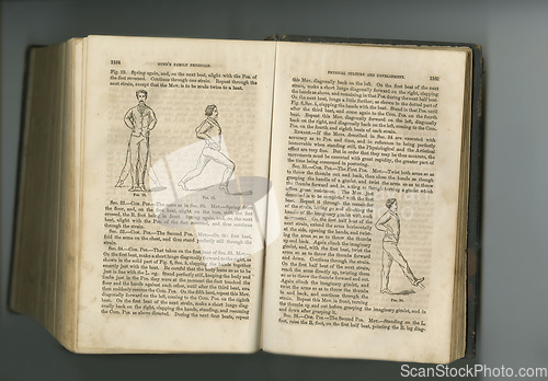 Image of Antique medical page, book and knowledge with research on medicine, introduction and pathology. Language, information and parchment paper for healthcare education literature, learning and studying