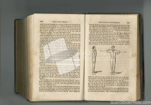 Image of Old book, guide and vintage pages of text for physical culture, antique manuscript or ancient scripture in literature against studio background. Closeup of historical novel, journal or history study
