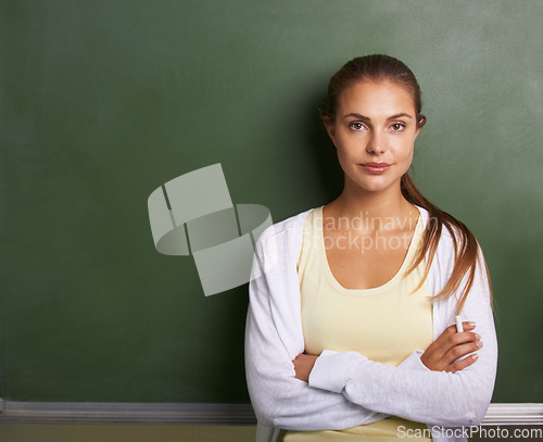 Image of Teacher woman, portrait and chalkboard with space for mockup, classroom or learning for future at academy. Education employee, teaching expert or person with promo, knowledge or information in school