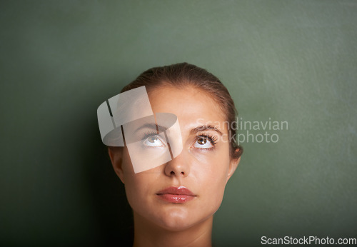 Image of Teacher, thinking and woman with ideas, solution and problem solving on a grey studio background. Person, model and girl with planning, question and opportunity with decision, mindset and choice