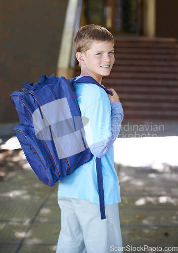 Image of Portrait, boy and outdoor with backpack, education and school with knowledge, learning and student. Person, outside or kid with a bag, sunshine and cheerful with joy, excited or childhood development