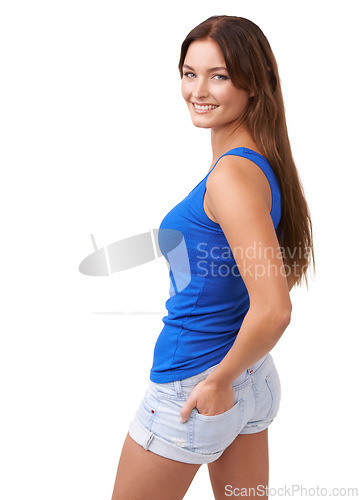 Image of Woman, smile and portrait for fashion confidence in studio for summer style, mockup space or white background. Female person, model and face for cool trends or shorts relax, weekend outfit or casual