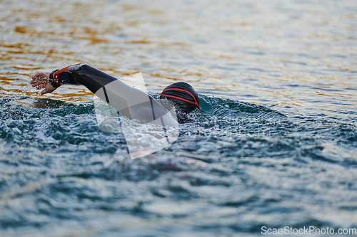 Image of Triathlon athlete swimming on lake in sunrise wearing wetsuit