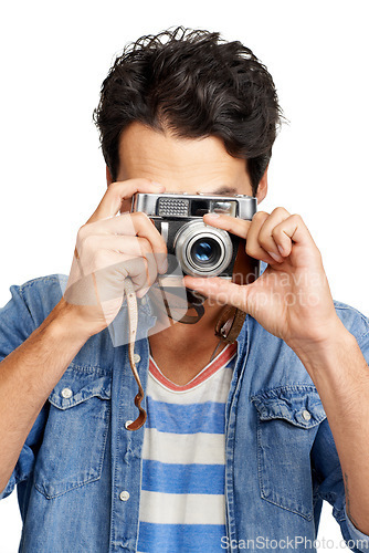 Image of Portrait, camera and man with photography, creativity and paparazzi isolated on a white studio background. Face, person and model with vintage equipment, photographer and photoshoot with journalist