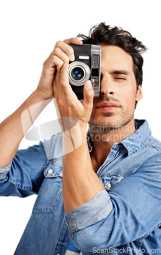 Image of Portrait, camera and man with photography, creativity and paparazzi isolated on a white studio background. Face, person and model with vintage equipment, photographer and photoshoot with journalist