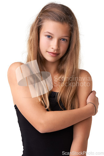 Image of Portrait, hair care and happy child with teen skincare cosmetics, hairstyle treatment and youth with spa salon beauty. Wellness, grooming and gen z girl with collagen routine on white background