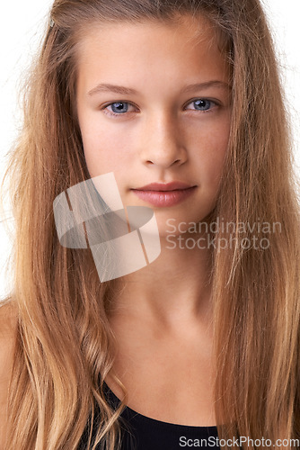 Image of Studio portrait, hair care and teen kid with facial cosmetics, hairdressing maintenance and youth with natural texture growth. Beauty, grooming and girl with haircut routine on white background