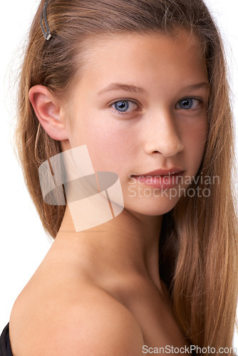 Image of Teenager portrait, beauty skincare and kid with facial cosmetics, cosmetology makeup and dermatology skin wellness. Acne treatment results, spa salon and girl with face collagen on white background