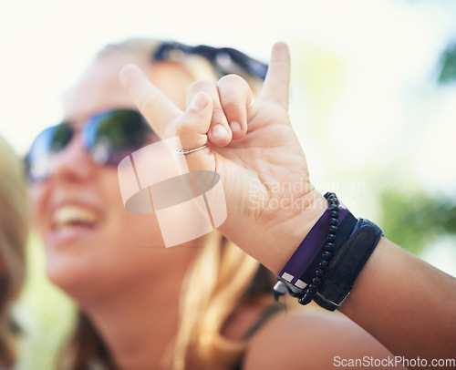 Image of Rock, hands or happy people in music festival on holiday vacation to relax with smile or fans in park. Dance, crowd or person with freedom or youth culture for social or fun party celebration event