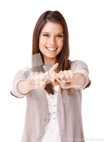 Image of Portrait of woman with smile, no hand gesture or warning to stop with confidence isolated on white background. X finger, cross and happy model girl with sign for wrong, rejection or blocked in studio