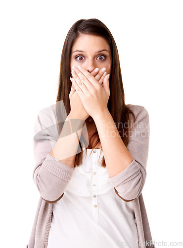 Image of Woman, covering mouth and portrait for secret, gossip and rumor in studio, face and white background. Female person, surprise and emoji or omg, wtf and drama or what, shock and information or news