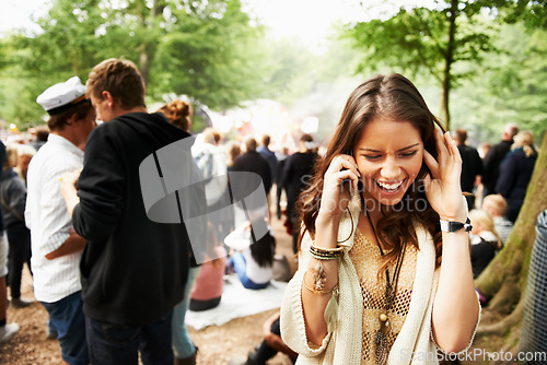 Image of Woman, phone call and loud music festival for communication, conversation or networking in nature. Female person struggling to hear on mobile smartphone for discussion at outdoor concert or event