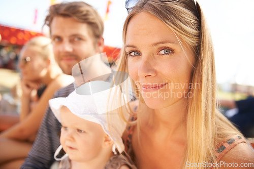 Image of Man, woman and baby or outdoor happy for nature event or childhood development, connection for bond. Mother, father and portrait with kid as family at festival outing for holiday, vacation or weekend