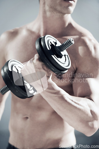 Image of Fitness, weight and closeup of man with muscles doing workout in gym for bodybuilding training. Sports, exercise and zoom of person from Canada with dumbbell equipment for health in wellness center.