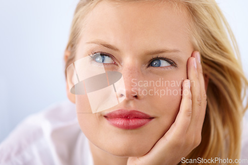 Image of Woman thinking, student ideas and smile for learning, education and scholarship or college choice in studio. Face of a young person with vision for future and university goals on a white background