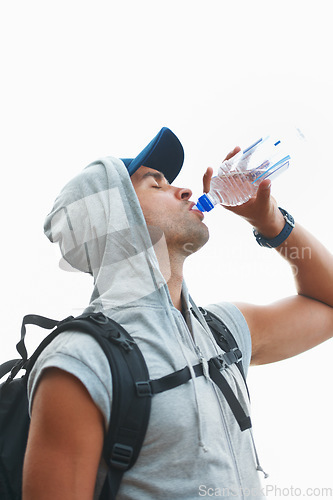 Image of Person, hiking and drinking water in nature rest for fitness, exercise and workout in Brazil mockup space. Hiker, athlete and man with liquid bottle for summer sports break, electrolytes and wellness