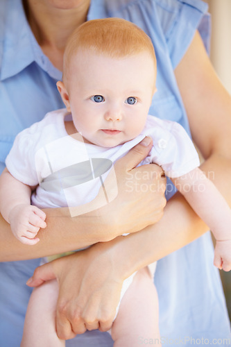 Image of Parents hands, baby or home family support, safety and carry newborn child growth, youth care or maternity. Security, relax and person holding, hug or embrace toddler for bonding, nurture or love