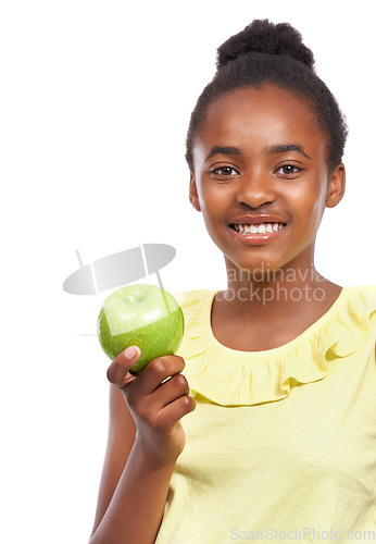 Image of Portrait, girl and kid with nutrition, apple and smile isolated on a white studio background. Face, African person and model with organic fruit, healthy snack and wellness with diet, happy and joy