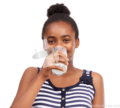 Image of Portrait, wellness and black woman drinking milk, healthy diet or calcium isolated on white studio background. Face, African person or model with a glass, nutrition or organic dairy with mockup space