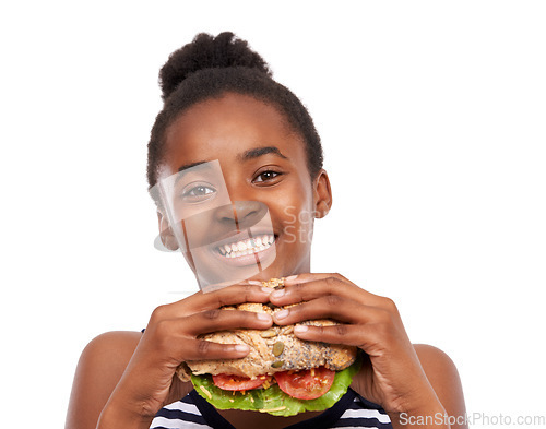 Image of Sandwich, portrait and woman eating fast food and happy with lunch meal isolated on a white studio background. Breakfast, craving and face with African person enjoy snack, mockup space and burger