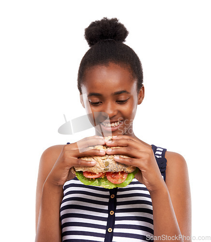 Image of Sandwich, delicious and woman eating fast food and happy with lunch meal isolated on a white studio background. Breakfast, craving and smile with African person enjoy snack, mockup space and burger