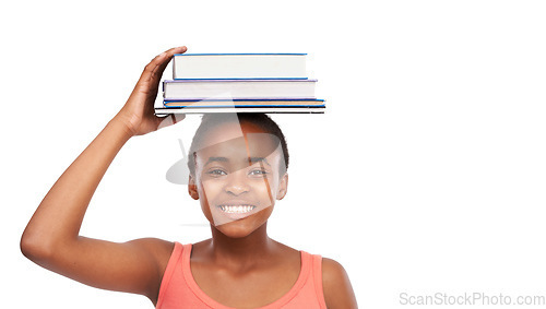 Image of Portrait, smile and black girl with books on her head, education and balance isolated on a white studio background. Face, African person and model with mockup space and learning with knowledge