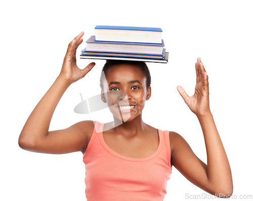 Image of Portrait, happy and black girl with books on her head, education and balance isolated on white studio background. Face, African person and model with mockup space and learning with knowledge or smile