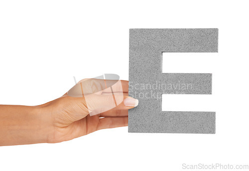 Image of Hand, capital letter E and presentation of vowel isolated on white background with woman. Character, font and palm showing English alphabet typeface for communication, reading and writing in studio.