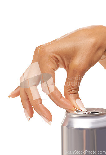 Image of Hands, woman and open tin of soda, beer and fizzy cola beverage in studio on white background. Closeup, silver can and pull metal ring of container for drinking alcohol, cold liquid and sugar diet