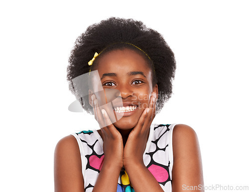 Image of Happy, portrait and young black girl in a studio with positive, good and confident attitude. Sweet, smile and headshot face of gen z African teenager with natural hair isolated by white background.