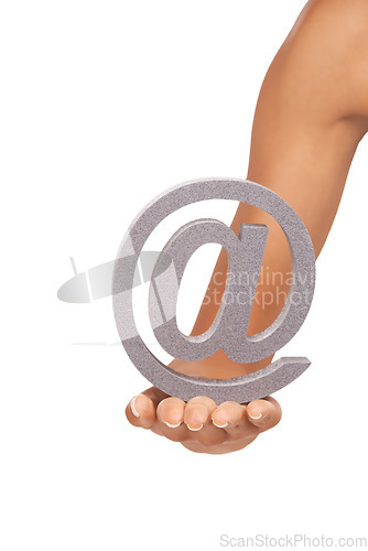 Image of Hands, @ sign and closeup on a white background in studio isolated on mockup or copy space. Fingers, palm and at symbol, font and letter, character and icon for address, social media and alphabet