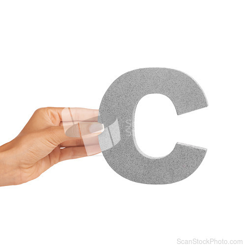 Image of Hands, alphabet and capital letter c in studio isolated on a white background mockup space. Fingers, font and closeup of sign for typo, communication or learning language, character or uppercase icon