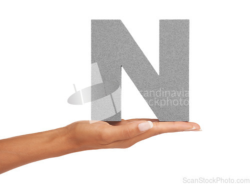 Image of Woman, hand and letter N or alphabet in studio for advertising, learning or teaching presentation. Sign, font or character for abc, text and communication or grammar and symbol on white background