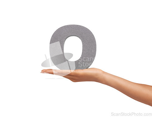 Image of O, alphabet and hand with letter on a white background for spelling, language and message. English, communication and isolated sign, symbol and icon on palm in studio for learning, education and font