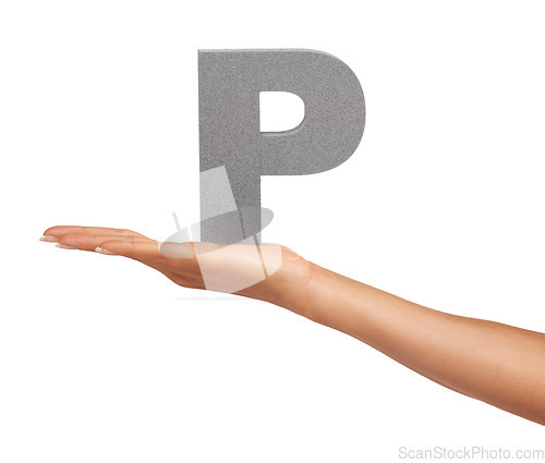 Image of Woman, hand and font or alphabet in studio for advertising, learning or teaching presentation. Sign, letter or character for marketing, text or communication and grammar or symbol on white background